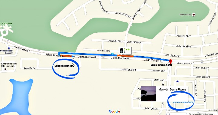 Damai Utama is a relatively new neighbourhood/township that will serve some basic needs such as food and beverage, grocery shopping and so on. There is a Mydin there as you can see on the map. It is 900m or 2 minutes away from Duet Residence