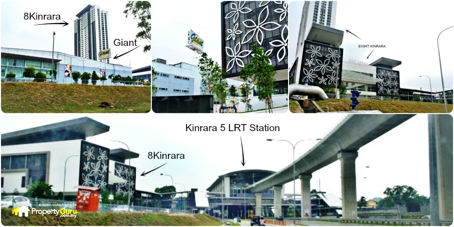 A collage showing the Kinrara 5 LRT Station and its link with 8 Kinrara and Giant Hypermart