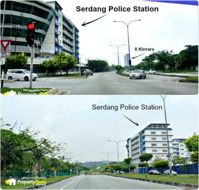 Safety and security in the form of the Serdang Police Station. Top picture in collage shows 8 Kinrara, which is next to Giant Hypermart and the Kinrara 5 LRT. Bottom picture is a view of the same police station from the other side of the road