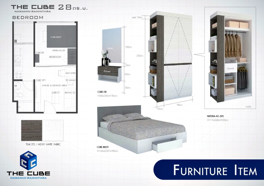 รายการเฟอร์นิเจอร์สำหรับห้องนอนของห้องขนาด 28 ตร.ม.