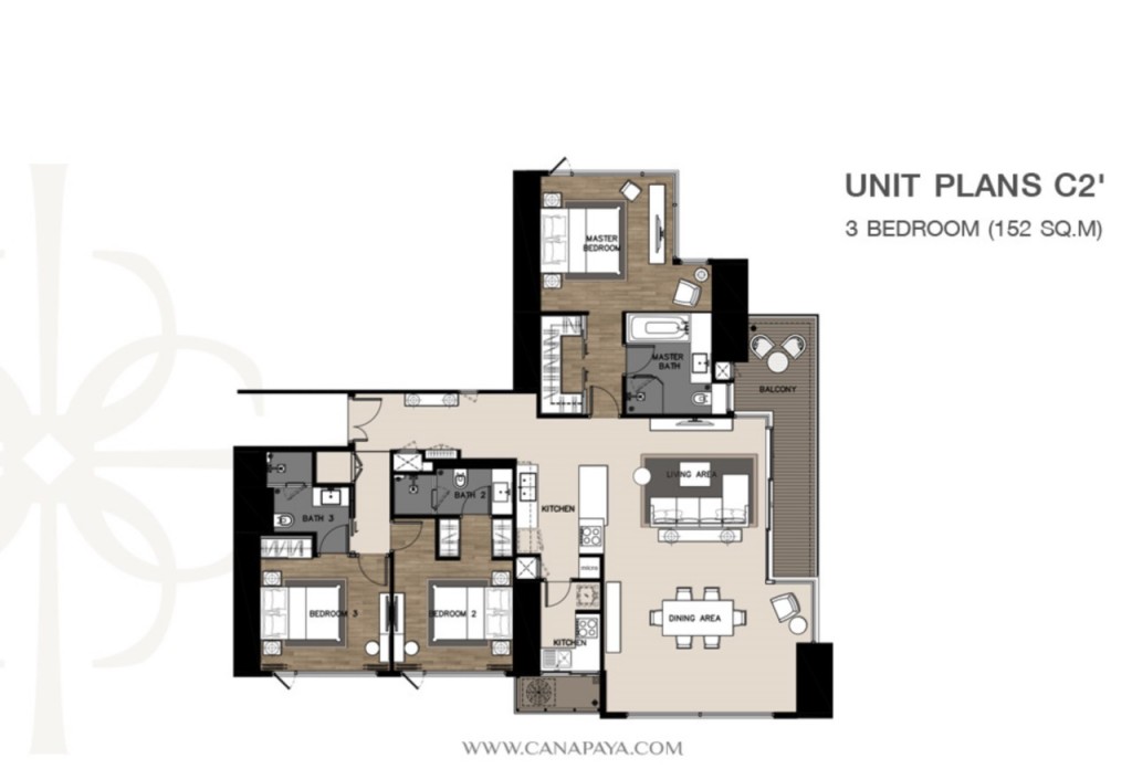 ประกอบด้วย: -1 master bedroom (พร้อมห้องน้ำในตัว) -2 ห้องนอนเล็ก (พร้อมห้องน้ำในตัว) -โซนครัว -โซนห้องนั่งเล่น  -โซนรับประทานอาหาร  -ระเบียงส่วนตัว 