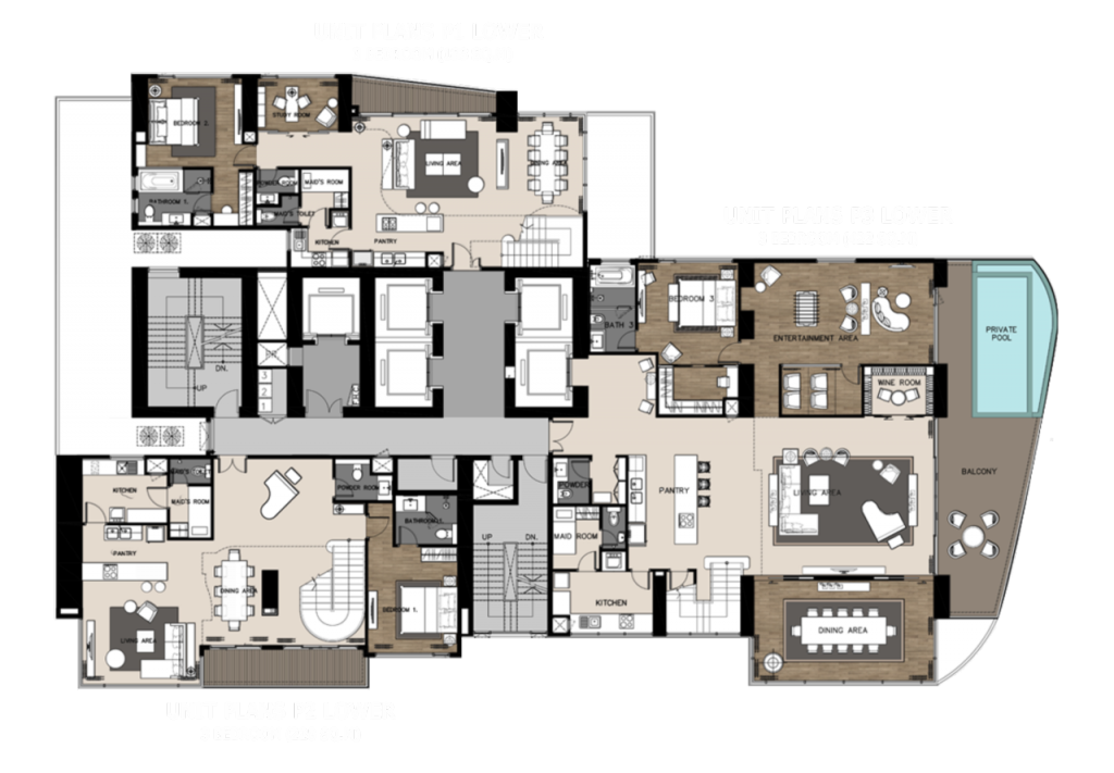 ประกอบด้วยห้องประเภท: -3 ห้องนอน (penthouse duplex) ขนาด 188 ตร.ม. 1 ห้อง -3 ห้องนอน (penthouse duplex) ขนาด 228 ตร.ม. 1 ห้อง -3 ห้องนอน (penthouse duplex) ขนาด 422 ตร.ม. 1 ห้อง 