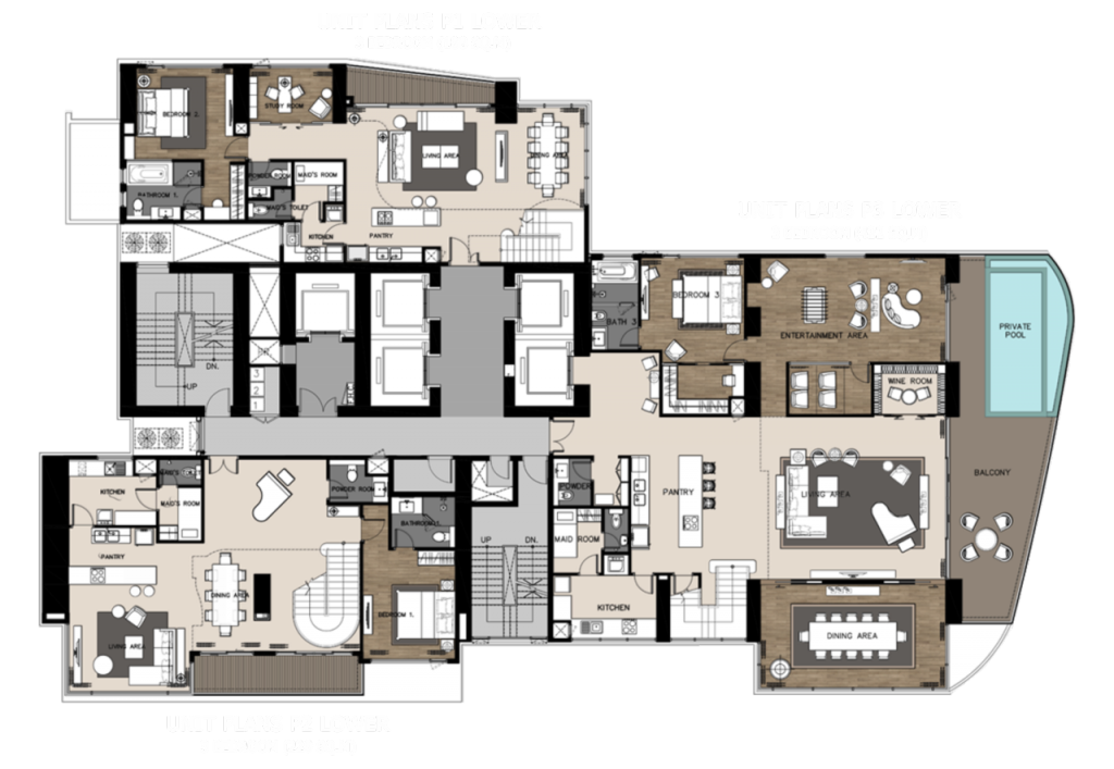 ประกอบด้วยห้องประเภท: -3 ห้องนอน (duplex) ขนาด 188 ตร.ม. 1 ห้อง -3 ห้องนอน (duplex) ขนาด 228 ตร.ม. 1 ห้อง -3 ห้องนอน (duplex) ขนาด 422 ตร.ม. 1 ห้อง 