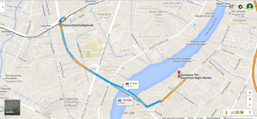 ใช้เวลาขับรถจากโครงการประมาณ 10 นาที (แม่น้ำฝั่งเจริญกรุง) โดยข้ามสะพานกรุงเทพเล็กมาลง ณ ฝั่งนี้