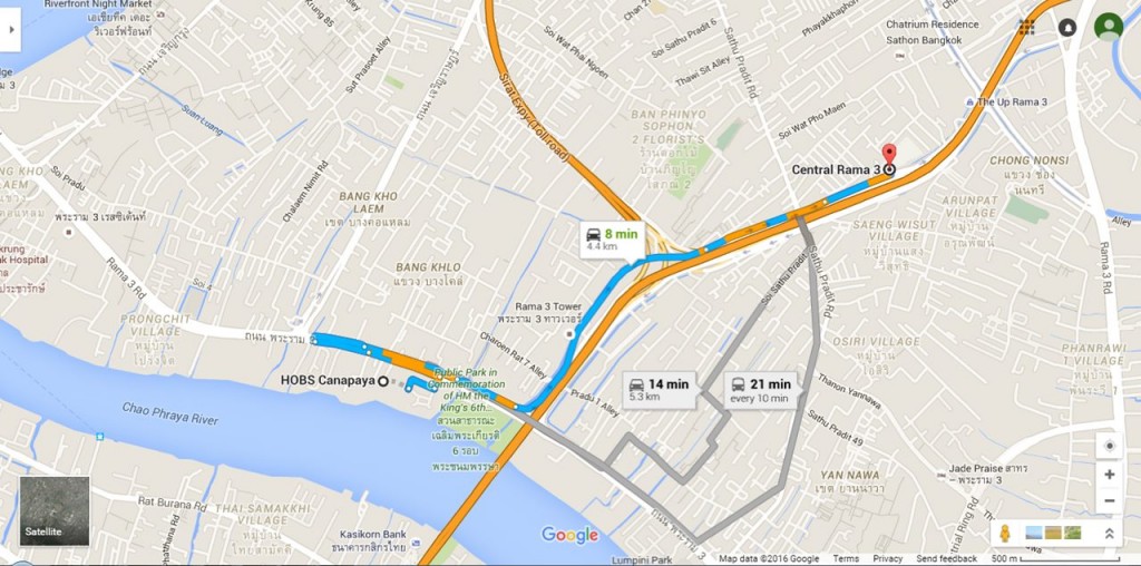 ออกจากโครงการเลี้ยวซ้ายแล้วตรงมาเมื่อถึงแยกเจริญราษฏร์จะมีทางกลับรถ หลังจากนั้นตรงมาเรื่อยๆ เมื่อเจอแยกให้เลี้ยวซ้ายเพื่อเข้าถนนรัชดาภิเษกตรงมาเรื่อยๆ ข้ามแยกสาธุประดิษฐ์ ชิดซ้ายจะเจอห้างเซ็นทรัล พระราม 3 แผนที่จาก (Google Map)