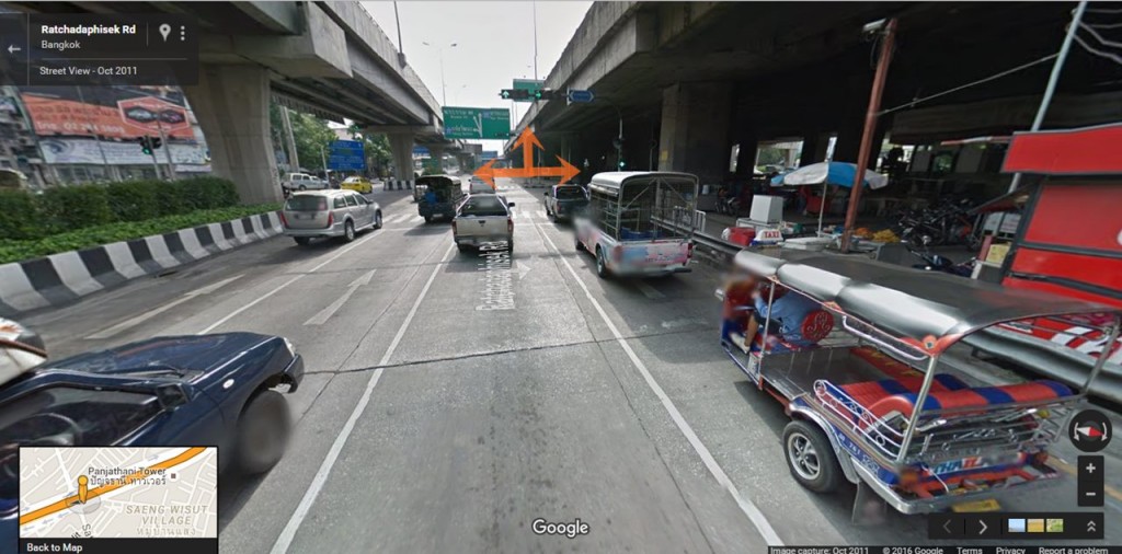 แยกสาธุประดิษฐ์ (ซ้าย: ถนนสาธุประดิษฐ์, ตรง: ถนนพระราม 3, ขวา: ถนนจันทน์) ให้เลือกตรงไป (ภาพ via: Google Map)