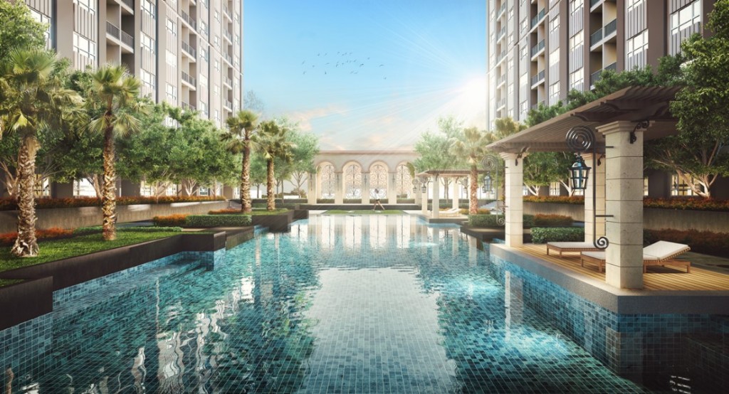 ภาพ perspective สระว่ายน้ำตามแบบสถาปัตยกรรม “คลาสสิก โคโลเนียล” บริเวณชั้น 6