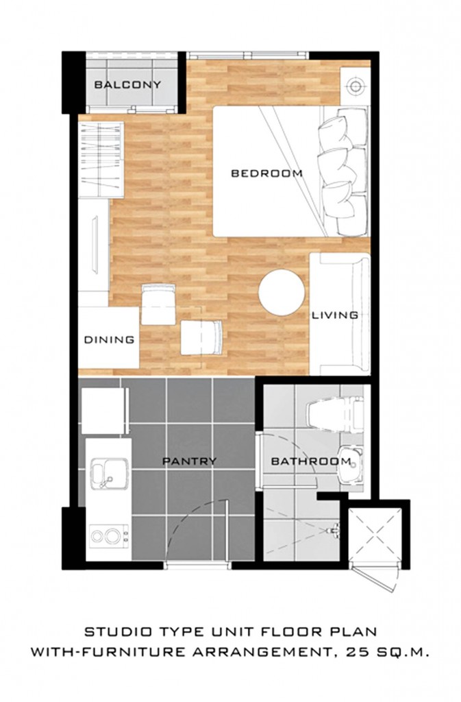 รูปแบบแบบห้องมีทั้งหมด  2 แบบ studio ขนาด 25 ตร.ม 68 ยูนิต