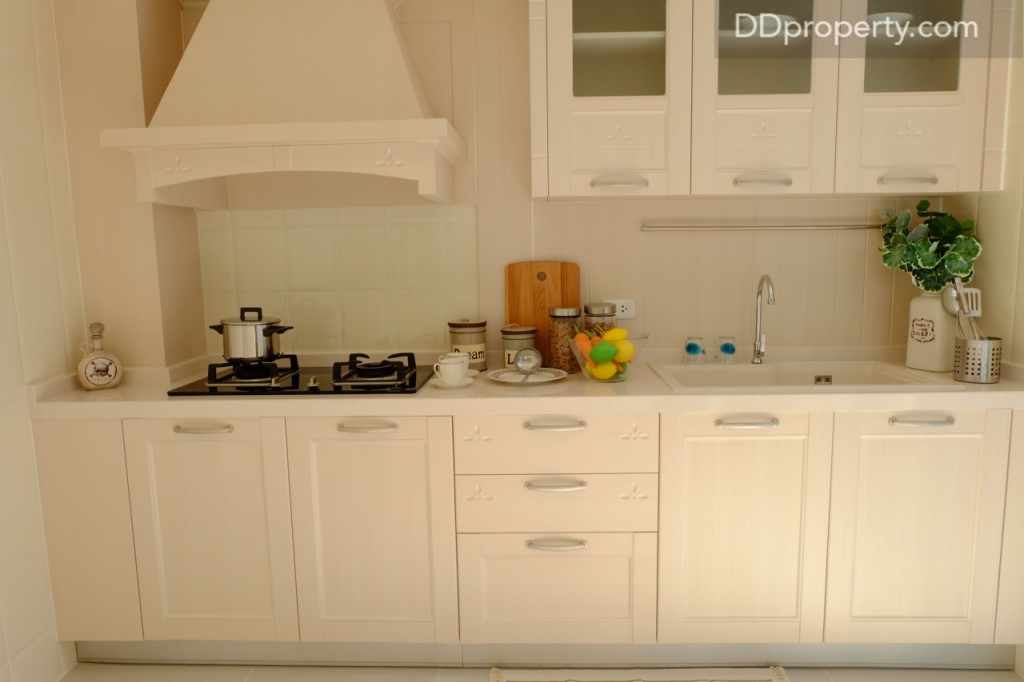 หลังบ้านจะเป็นส่วนของพื้นที่สำหรับครัวไทย ที่มีการกั้นโซนไว้ให้ (ไม่ได้ให้งานบิ้ลท์อินมา)