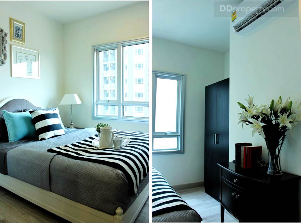 เฟอร์นิเจอร์ต่างๆ ที่มีมาให้พร้อมกับห้องเน้นโทนสีขาวซึ่งไม่เหมือนกับห้องตัวอย่าง