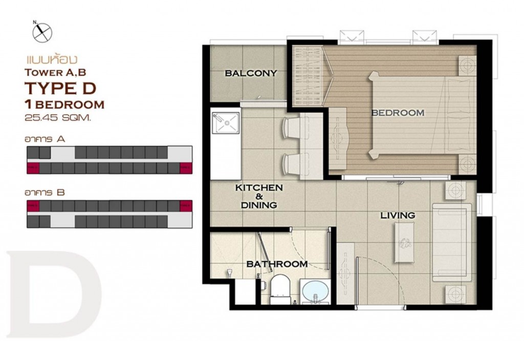 แบบ 1 ห้องนอนขนาด 25 ตร.ม. TYPE D - E