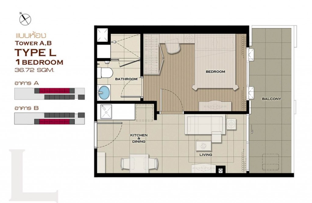 แบบ 1 ห้องนอนขนาด 36 ตร.ม. TYPE K- L