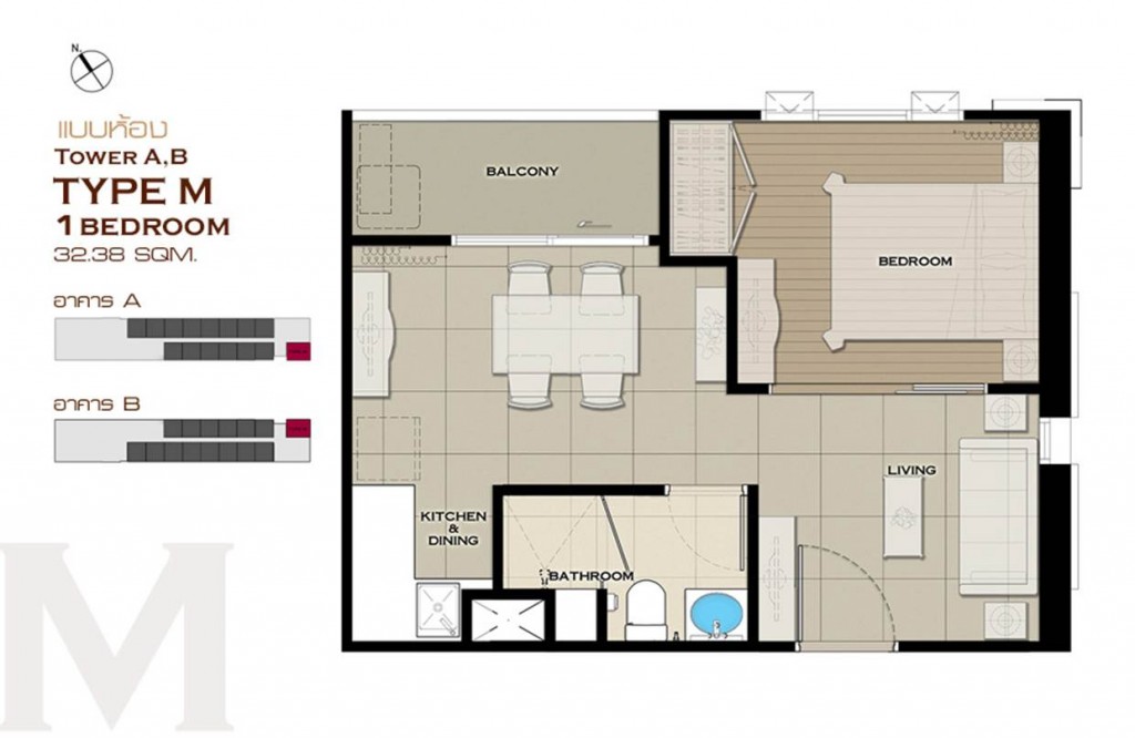แบบ 1 ห้องนอนขนาด 32 ตร.ม. TYPE M