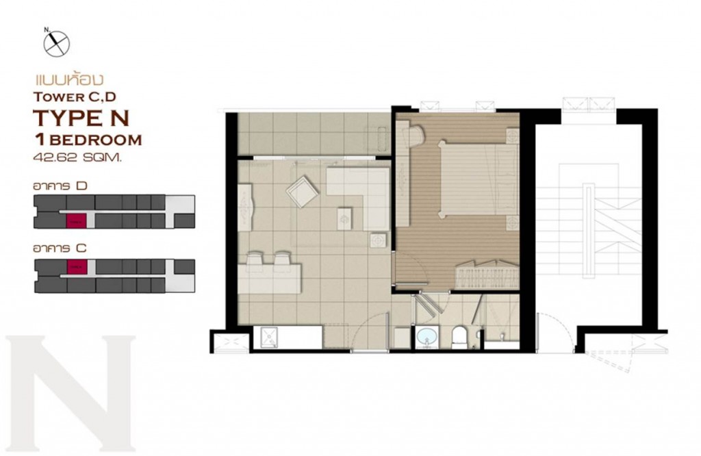 แบบ 1 ห้องนอนขนาด 42 ตร.ม.  TYPE N - O