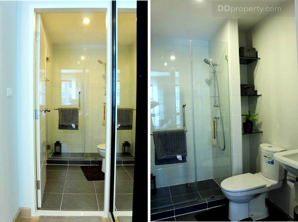 ภายในห้องน้ำ ใช้วัสดุและการตกแต่งเดียวกันกับห้องแรก ต่างเพียงแค่การจัดวาง