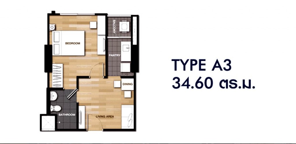 1 ห้องนอน Type A3 – ขนาด 34.60 ตร.ม.