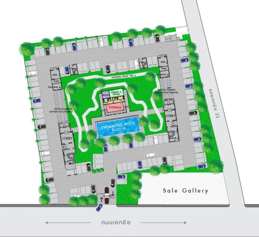 โครงการจะมีพื้นที่ส่วนกลางตั้งอยู่ตรงกลาง โดยอาคารจะถูกตั้งในลักษณะ West Wing และ East Wing (ตะวันออกและตก)  ด้านหน้าคือถนนเอกชัย