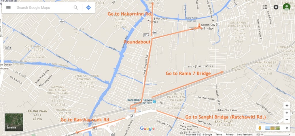 เมื่อเข้ามาถนนเทอดพระเกียรติให้ตรงเข้ามาเรื่อยๆจะเจอวงเวียน จุดนี้ให้เลี้ยวซ้าย