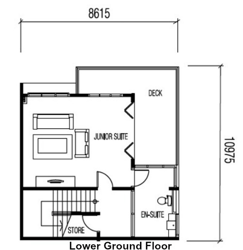 Here you see the same floor plan as a one dimensional drawing. Plan shows the Lower Ground Floor