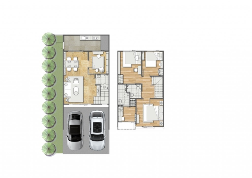 แปลนของบ้านแฝด มีขนาด 3 ห้องนอน 3 ห้องน้ำ 1 ห้องนั่งเล่น 1 ห้องครัว 1 ห้องอเนกประสงค์ และ 2 ที่จอดรถ