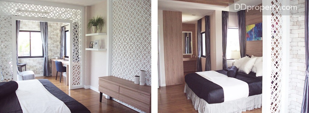 ห้องนอนใหญ่แบ่งเป็น 3 ส่วนคือ ส่วนของเตียงนอนกลางห้อง ส่วนปีก 2 ข้างเป็นมุมนั่งเล่น และห้องแต่งตัวพร้อมกับมีห้องน้ำในตัว