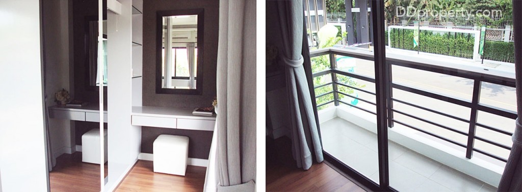มุมแต่งตัวเชื่อมต่อกับระเบียงด้านนอกห้อง กั้นแบ่งความเป็นส่วนตัวได้ด้วยม่านทึบ