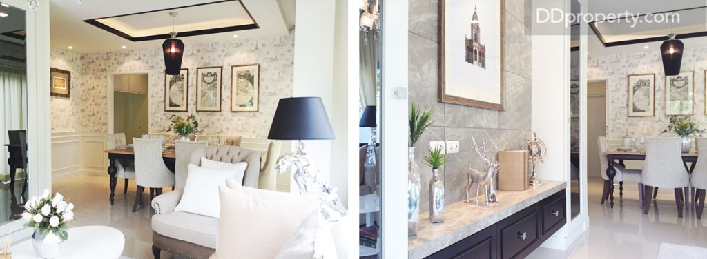 ห้องรับแขกชั้นล่างตกแต่งด้วยคอนเซ็ปต์ Classic Today Style เป็นแบบร่วมสมัย มีกลิ่นอายยุโรปนิดๆ  ลวดลายคิ้วบัวต่างๆ และการตกแต่งผนัง รวมถึงของตกแต่ง วัสดุมันวาว สีเงิน ทอง และวัสดุแก้ว สะท้อนถึงความคลาสสิก