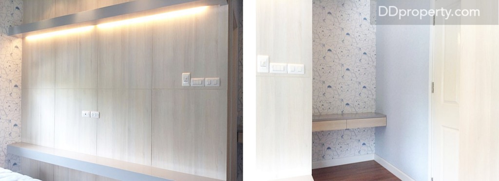 บิลท์อินผนังห้องด้วยงานไม้ไว้เป็นไอเดียสามารถทำเป็นชั้นวางของหรือตู้เก็บของได้ ส่วนช่องว่างเล็กๆ ข้างประตูก็ทำเป็นที่เก็บของได้อีกเช่นกัน  