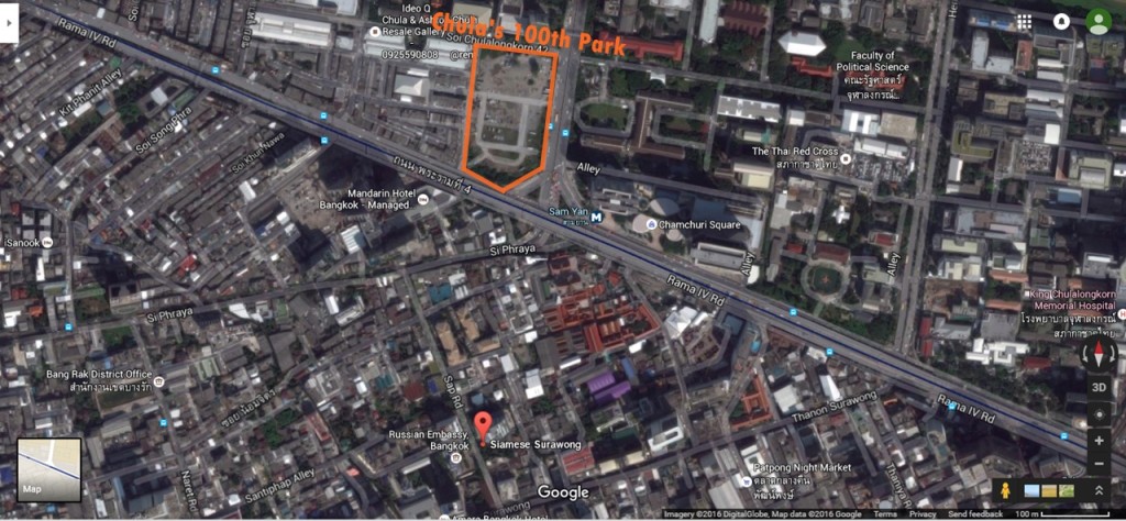 ตำแหน่งที่ตั้งของอุทยานจะอยู่บนถนนสามย่านตรงข้ามกับจามจุรีแสควร์