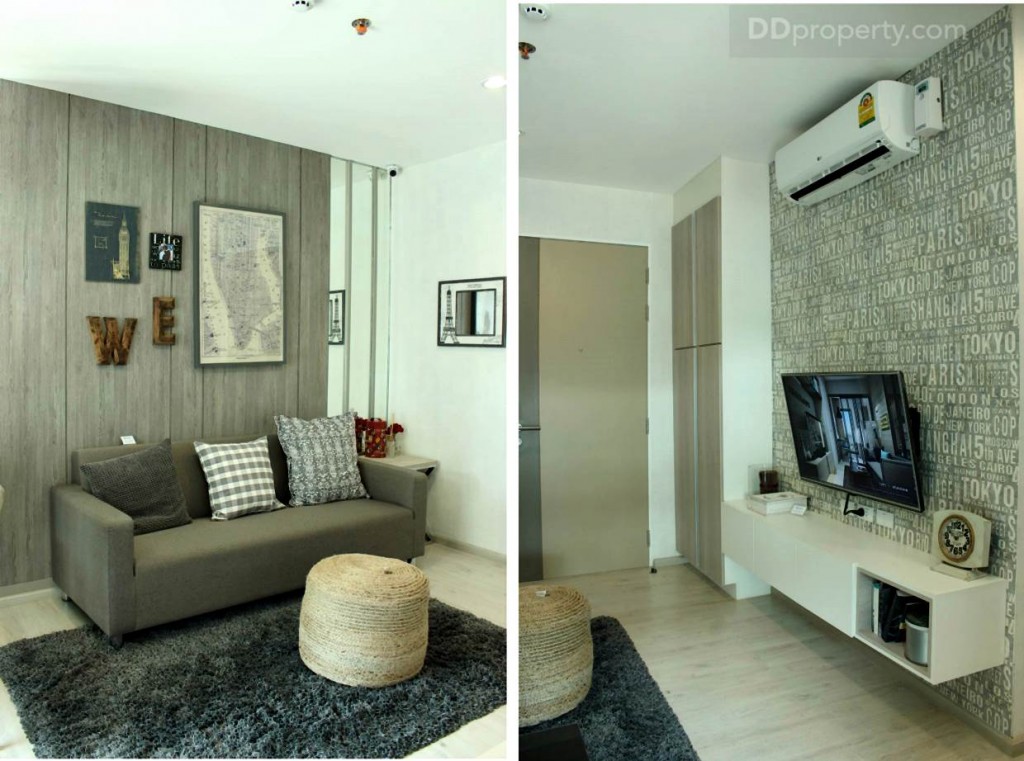 เมื่อเข้าห้องมาจะเป็นส่วนรับแขก โดยฝั่งขวามือ (รูปด้านซ้าย) จะเป็นโซฟาแบบ 3 ที่นั่ง ซึ่งจริงๆ สามารถวางโซฟาชุดใหญ่กว่านี้ได้สบาย ๆ