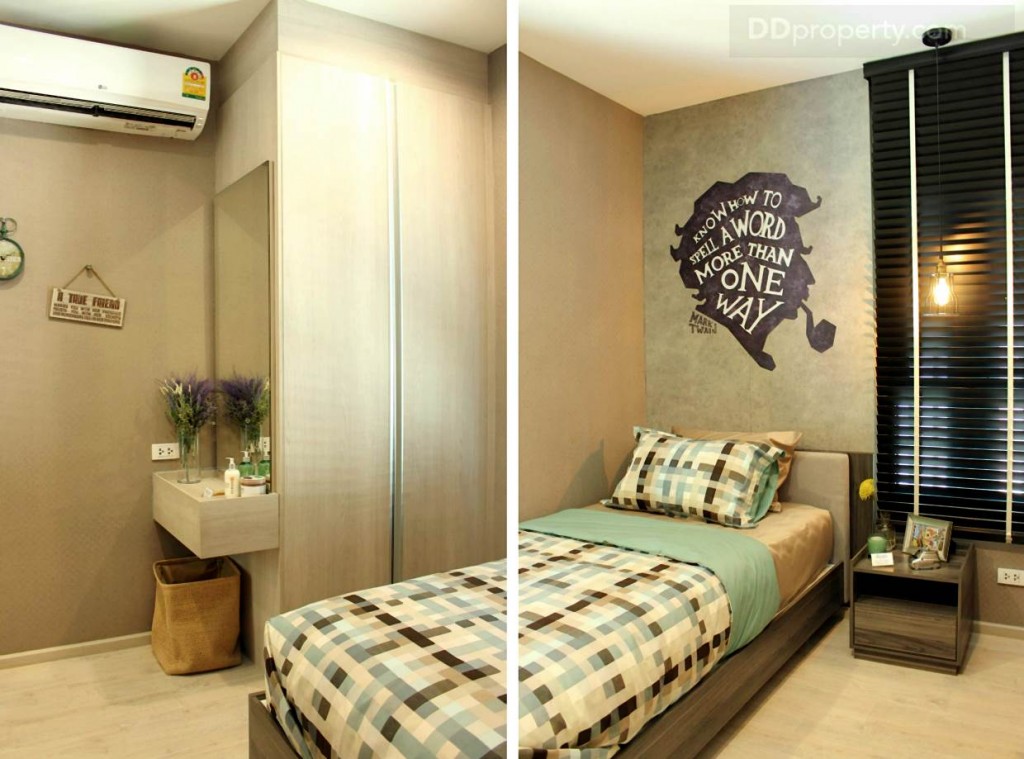 ห้องนอนเป็นทรงสี่เหลี่ยมผืนผ้า ถ้าบิลท์อินเตียงแล้วหันเตียงเป็นแนวขวางก็จะเพิ่มพื้นที่ให้กับห้องนี้มากขึ้น แต่เหมาะกับเด็กเล็ก ส่วนเด็กโตขาอาจติดกำแพง