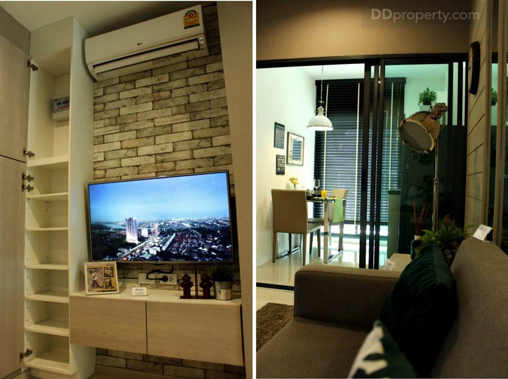 ด้ายซ้ายมือของชั้นวางทีวีเป็นชั้นวางรองเท้า ส่วนทีวีตัวโชว์ของห้องตัวอย่างขนาด 43 นิ้ว แต่ไม่ได้มีแถมให้นะครับ ส่วนพื้นที่ถัดจากห้องนั่งเล่นจะเป็นพื้นที่ของห้องครัว