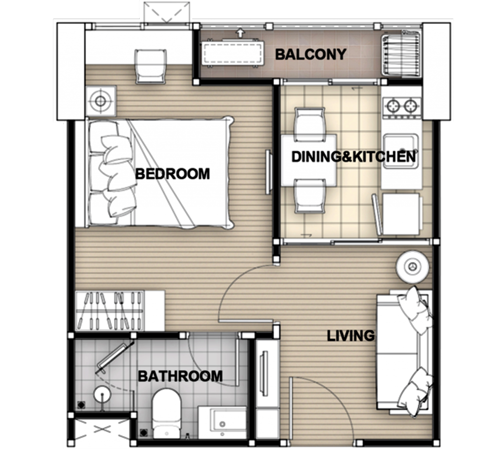 แปลนของแบบ 1 ห้องนอน ขนาด 30.7 ตร.ม