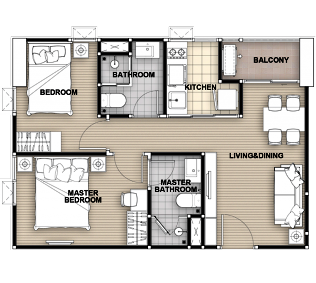 แปลนของยูนิตแบบ 2 ห้องนอน Type CM ขนาด 48 ตร.ม