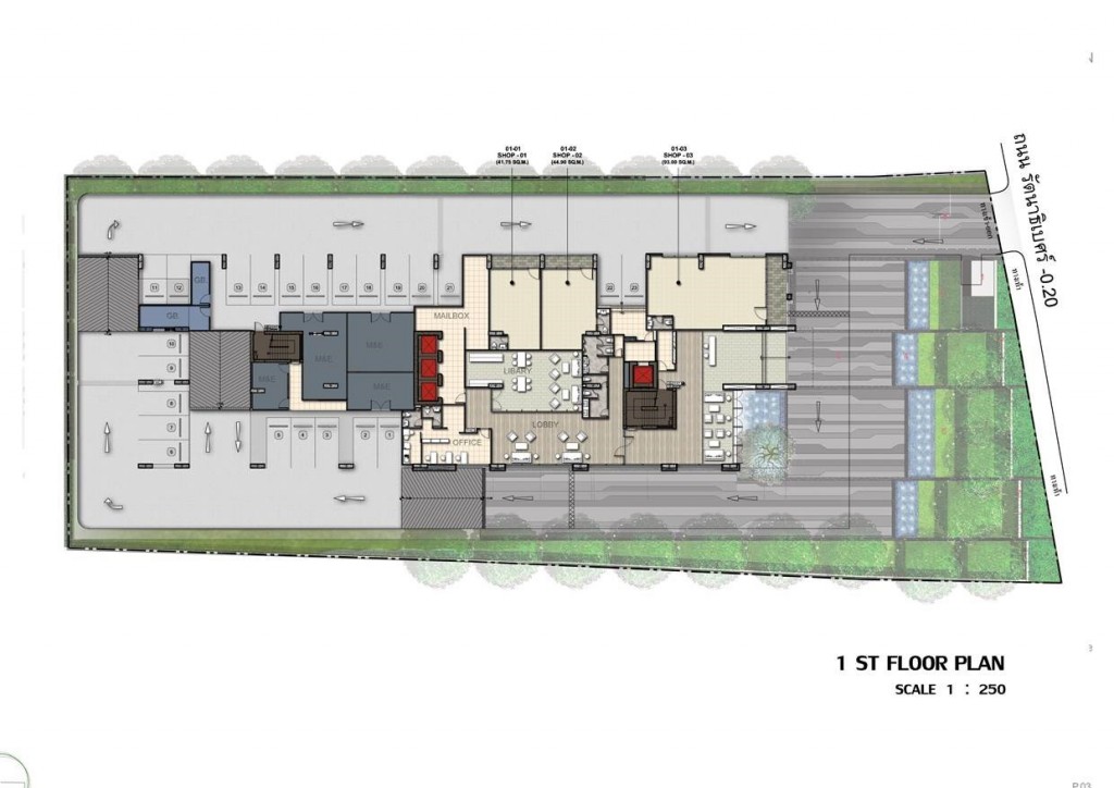 Master Plan ชั้น 1 ของโครงการประกอบไปด้วยล็อบบี้แบบ Outdoor และ Indoor, ร้านสะดวกซื้อ, พื้นที่จอดรถสำหรับแขกผู้มาติดต่อ เป็นต้น ทางเดินรถภายในโครงการเป็นทางเดี่ยวแบบวนรอบโครงการ