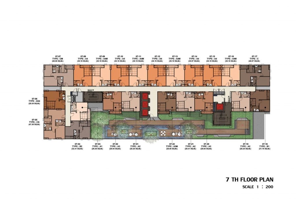 พื้นที่ชั้น 7 ประกอบไปด้วยส่วนของพื้นที่พักอาศัยกับ พื้นที่ส่วนกลางที่เป็นสิ่งอำนวยความสะดวกต่างๆ