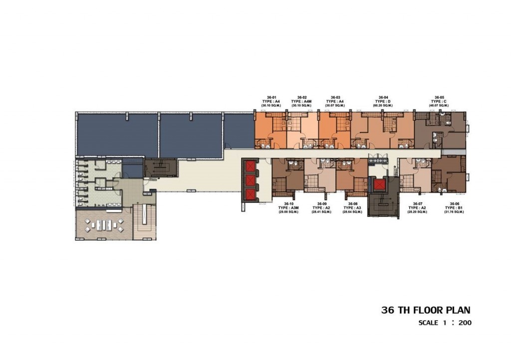 พื้นที่ชั้น 36 จะถูกแบ่งครึ่งเป็น 2 ฝั่ง คือฝั่งซ้ายมือ (จากภาพ) จะเป็นในส่วนของสิ่งอำนวยความสะดวกต่างๆ และฝั่งขวามือจะเป็นส่วนพักอาศัย