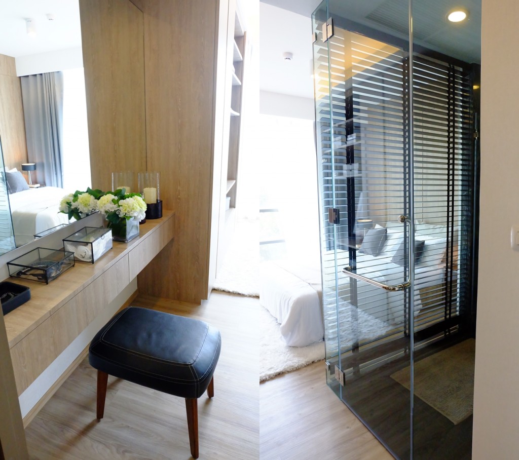 เมื่อเดินเข้ามาจะพบว่าฝั่งซ้ายเป็นงานบิลท์อินโต๊ะแต่งตัวและฝั่งขวาเป็นห้องน้ำสไตล์ sexy bathroom นั่นคือเป็นกระจกซีทรู แต่หากต้องการความเป็นส่วนตัว อาจจะติดตั้งม่านบังตาเพิ่มได้  พื้นปูด้วย engineered wood