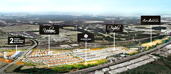 The 4 themed enclaves in D’Alpinia:  Urbana, Tropika, Andana and the Business Park D’Alpinia. The 2-Storey shop offices and Sales Gallery were built in an earlier phase and front the entrance to D’Alpinia.