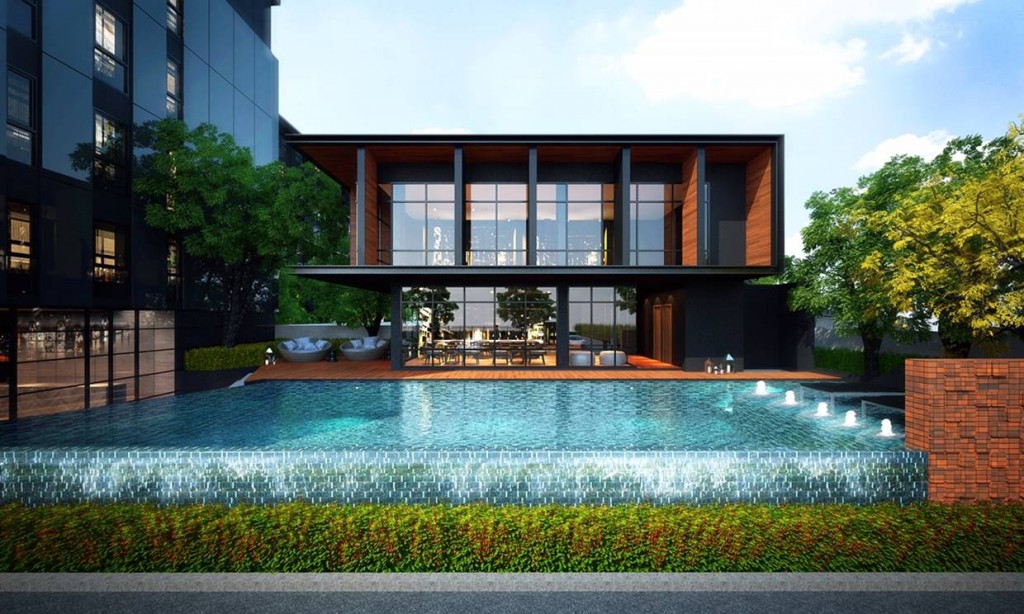 ภาพจำลอง ด้านหน้าคลับเฮ้าส์และสระว่ายน้ำแบบ Infinity-edge pool