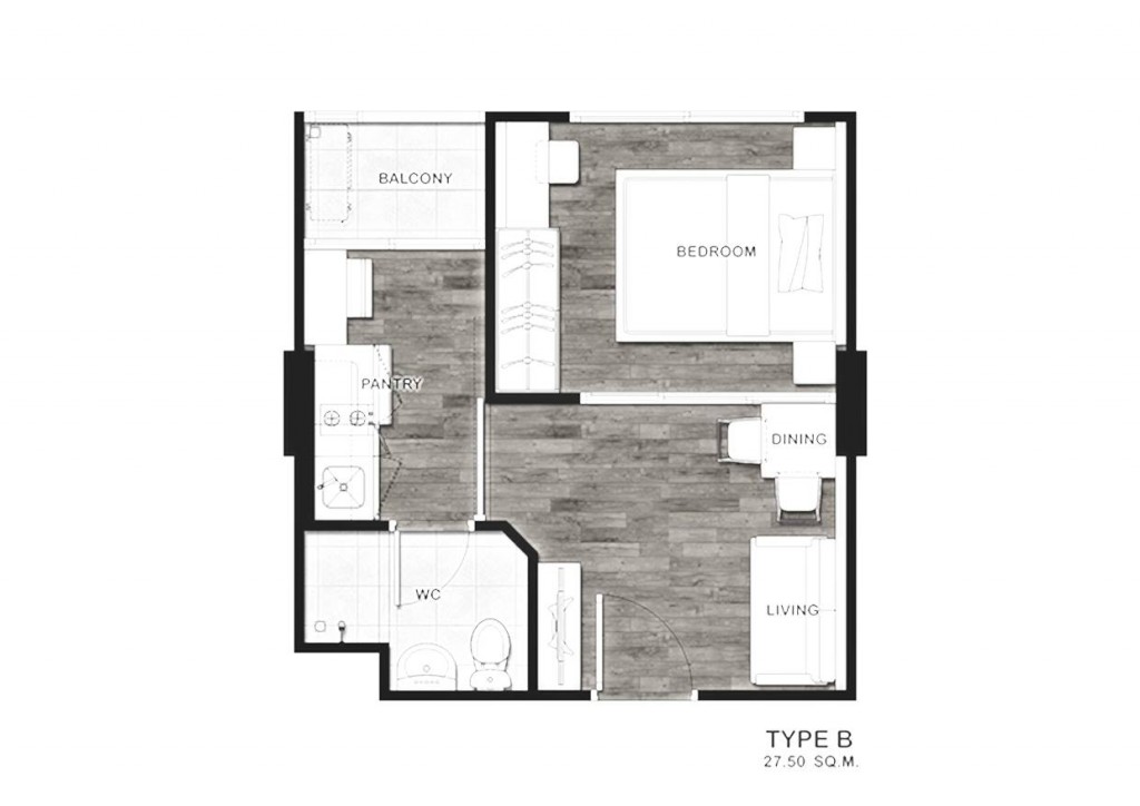 แปลนห้อง Type B ขนาด 27.5 ตร.ม.