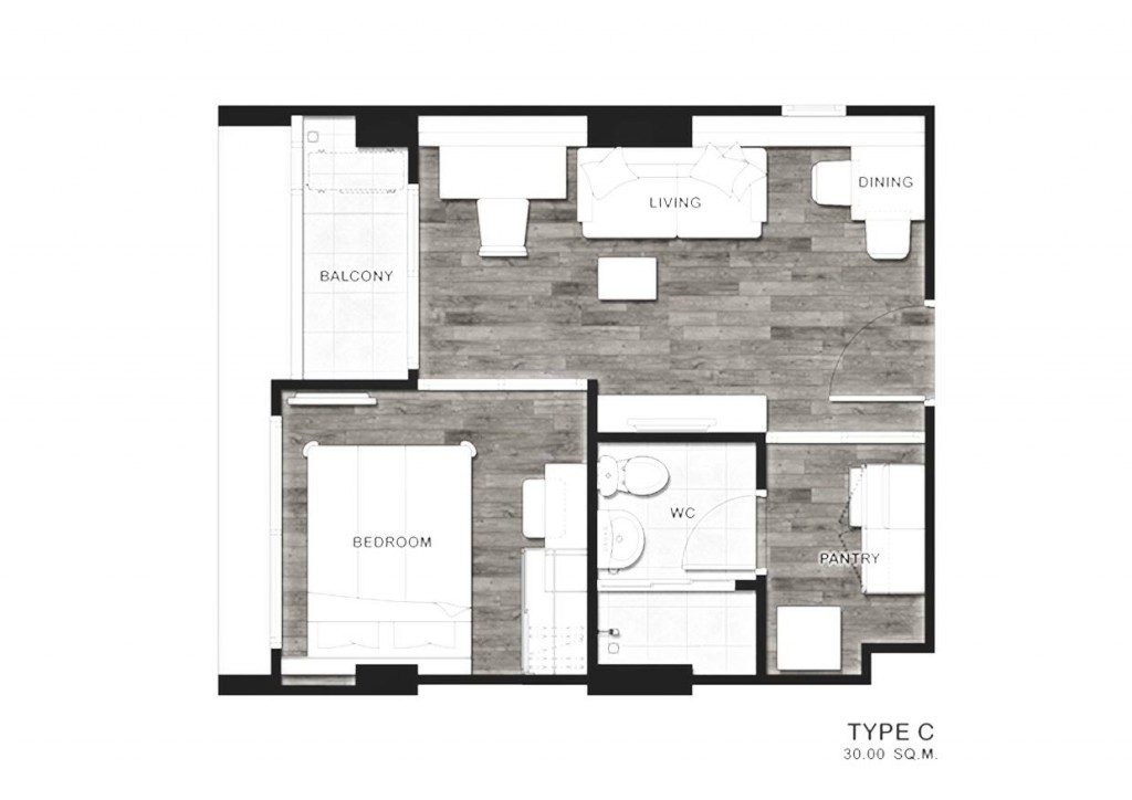 แปลนห้อง Type C ขนาด 30 ตร.ม.