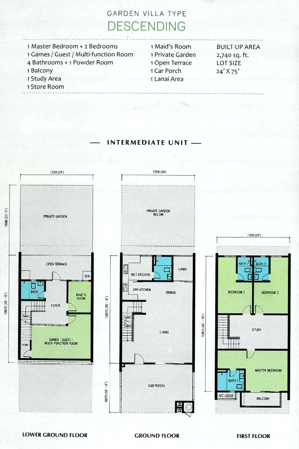 This is the Floor Plan of the Descending Garden Villa. The number of rooms, baths, lanai and terraces are all written there.