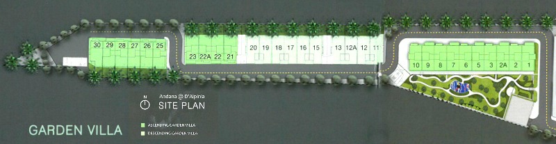 This is the location of all the units. As you can see, there are 20 Ascending types and only 10 Descending types. Selling price begins at RM1.1M. Descending begins at RM1.3M. The Condominium, on the extreme right of this plan, has not been included in this picture.