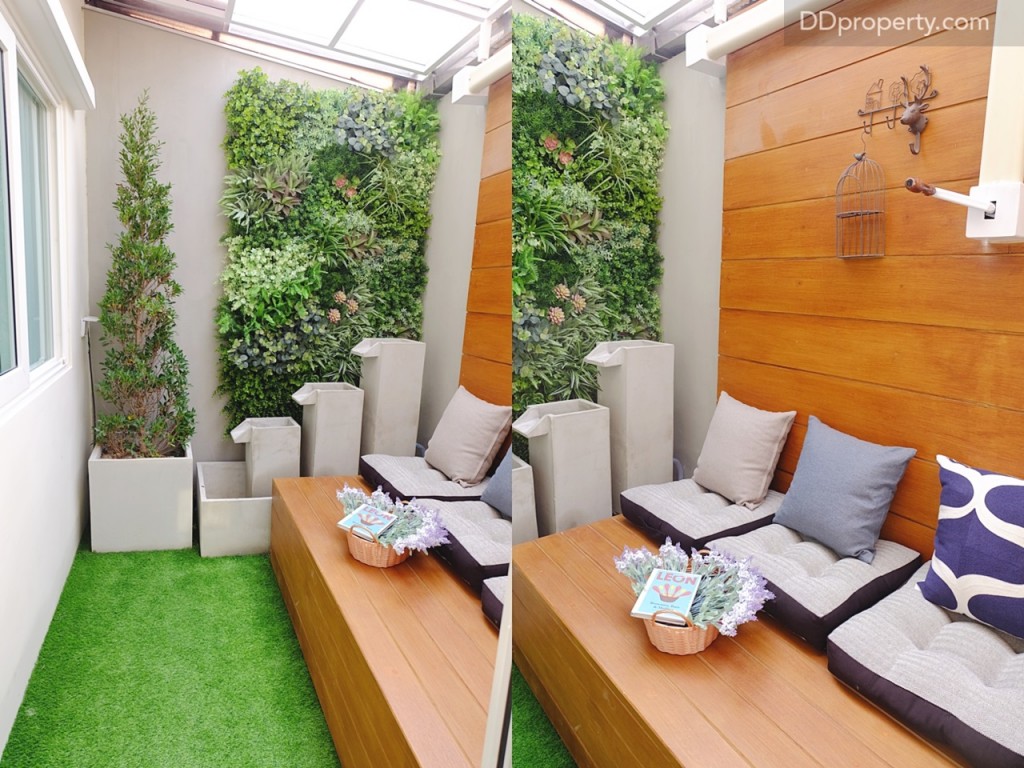 ห้องอเนกประสงค์หลังบ้านจะสามารถมองเห็นได้จากหน้าต่างจากห้องอเนกประสงค์ภายในบ้าน/ โครงการให้ไอเดียด้วยการทำเป็นสวนพักผ่อนขนาดเล็ก