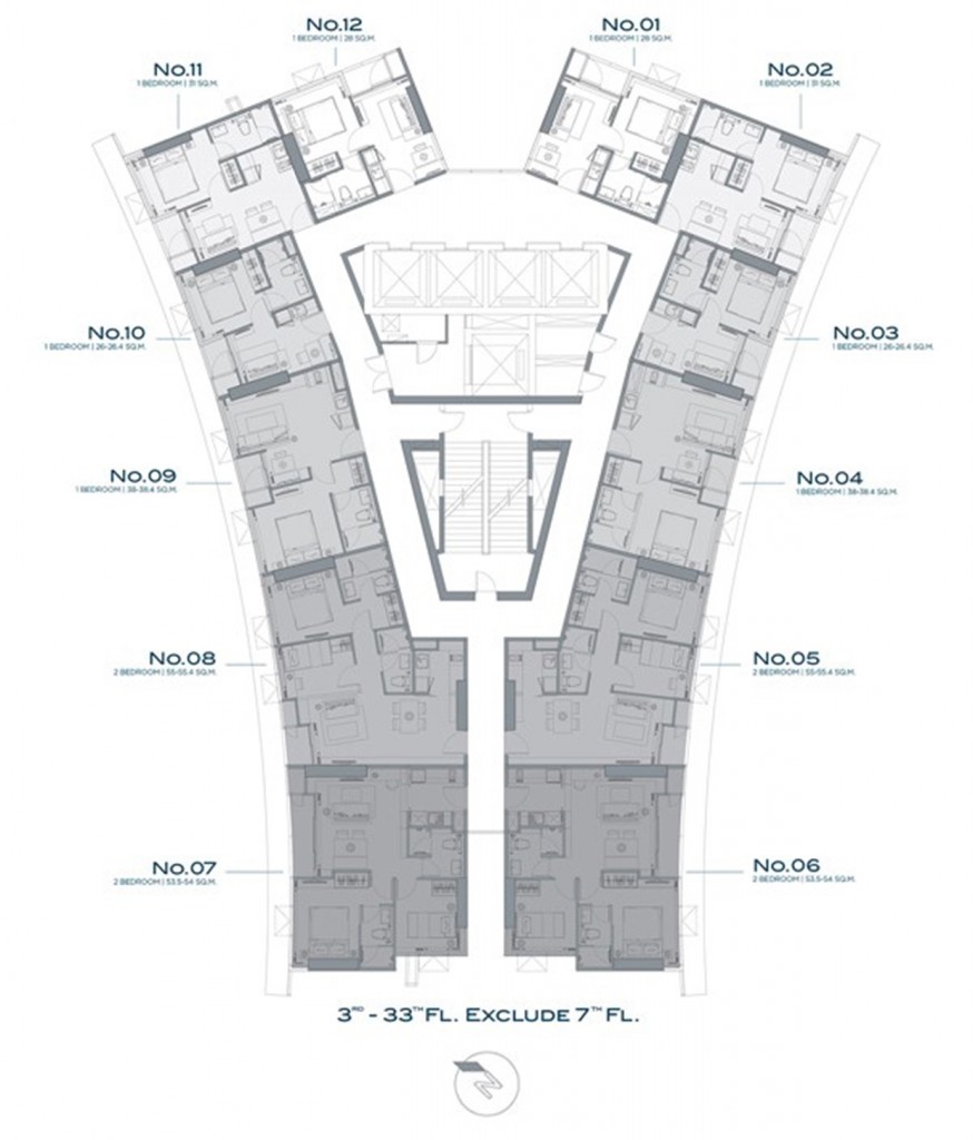 แปลนอาคารชั้น 3-33  เป็นห้องชุดพักอาศัย โดยชั้น 3-33 จะมีห้องชุด 12 ยูนิต/ชั้น บริเวณชั้น 7 เป็นห้องเครื่อง และถังพักนํ้า 