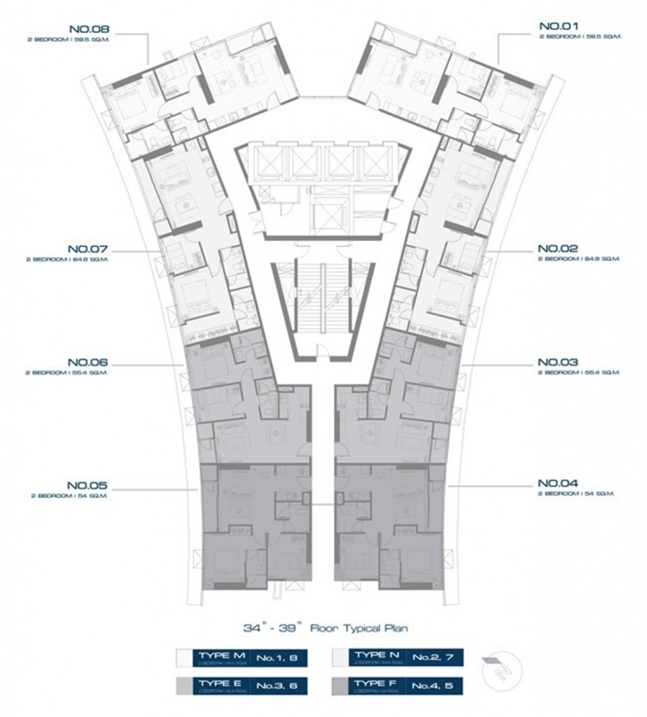 แปลนอาคารชั้น 34-39 ห้องชุดพักอาศัย โดยจะเป็นแบบ 2 ห้องนอน มีจำนวน 8 ยูนิตต่อชั้น