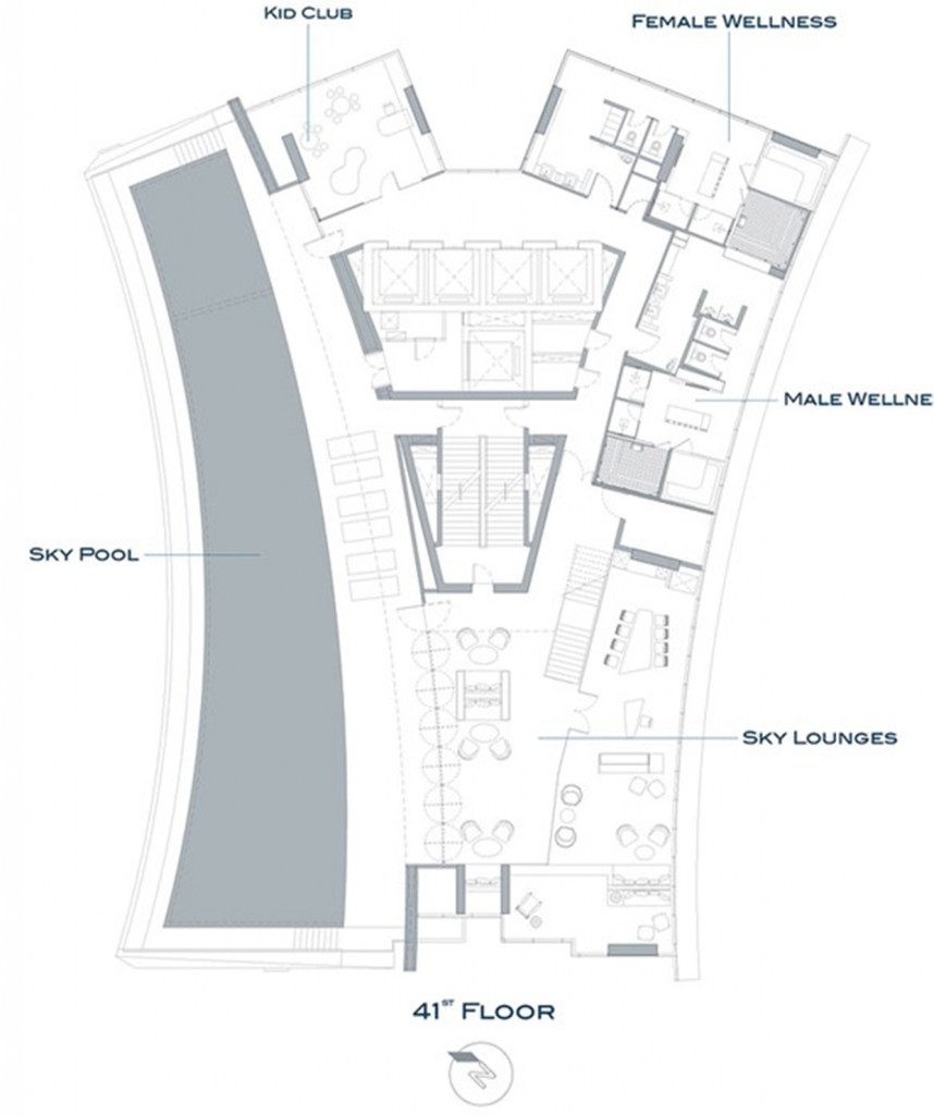 แปลนอาคารชั้น 41 เป็นชั้นส่วนกลาง ที่รวมสิ่งอำนวยความสะดวกต่างๆ Facility: ชั้น 41 – ชั้น 42 ประกอบไปด้วย สระว่ายนํ้า (ระบบน้ำเกลือ และอินฟินิตี้ พูล), สกาย เลาจน์, Kid Club, ซาวน่าแยกชาย-หญิง, สตีม ห้องออกกำลังกาย ส่วนสันทนาการ ห้องอเนกประสงค์ ห้องสมุด ฯลฯ 