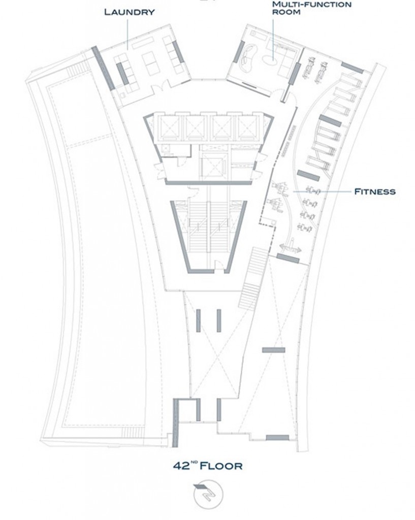 แปลนอาคารชั้น 42 เป็นชั้นส่วนกลาง ประกอบด้วย ฟิตเนส, ห้องซักผ้า, ห้องมัลติฟังก์ชั่นรูม ชั้น 43-46 ห้องชุดพักอาศัยแบบเพนท์เฮ้าส์ ชั้น 43-46 มีห้องชุด 2-4 ยูนิต/ ชั้น