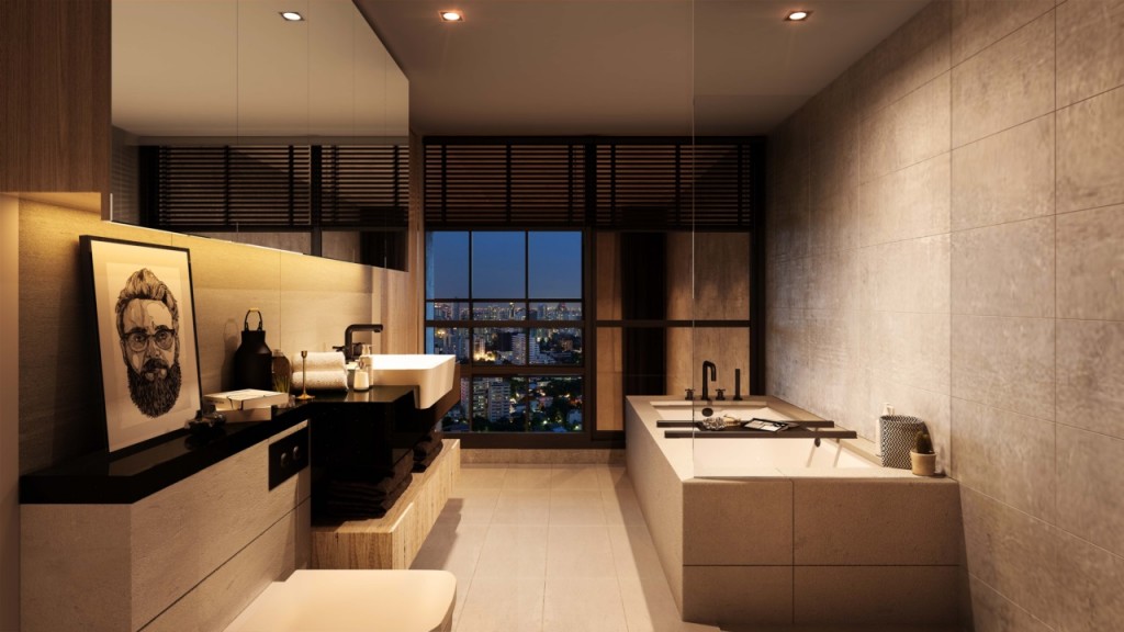 ห้องน้ำจะมีการผสมผสานกันระหว่างโทนขาวดำโดยสุขภัณฑ์จะเป็นสีขาวแบรนด์ Cotto หรือเทียบเท่าส่วน shower และก๊อกน้ำจะเป็นสีดำตามแบบฉบับลอฟท์ดั้งเดิม